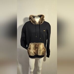 Makobi Black Faux Fur Quilted Pullover Hoodie Men's Size XL